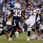 Brandon McManus #8 of the Denver Broncos watches his game winning field goal with Derwin James #33 of the Los Angeles Chargers for a 23-22 victory at StubHub Center on November 18, 2018 in Carson, California.  (Photo by Harry How/Getty Images)