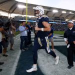 Philip Rivers #17 of the Los Angeles Chargers runs off the field after a last second field goal loss, 23-22, to the Denver Broncos at StubHub Center on November 18, 2018 in Carson, California.  (Photo by Harry How/Getty Images)