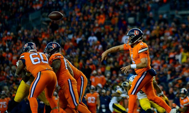 Quarterback Case Keenum #4 of the Denver Broncos passes against the Pittsburgh Steelers in the thir...