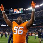 Defensive end Shelby Harris #96 of the Denver Broncos walks off the field celebrating after the Denver Broncos 24-17 win over the Pittsburgh Steelers at Broncos Stadium at Mile High on November 25, 2018 in Denver, Colorado. (Photo by Matthew Stockman/Getty Images)
