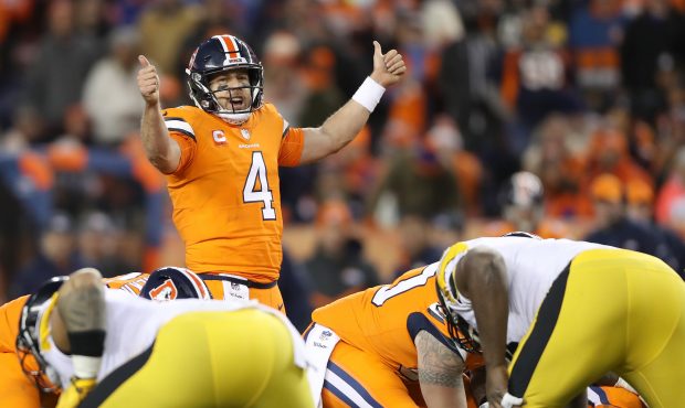 Quarterback Case Keenum #4 of the Denver Broncos plays the Pittsburgh Steelers at Broncos Stadium a...