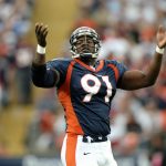 25 Oct 1998: Alfred Williams #91 of the Denver Broncos celebrates during the game against the Jacksonville Jaguars at the Mile High Stadium in Denver, Colorado. The Broncos defeated the Jaguars 37-24. Mandatory Credit: Brian Bahr  /Allsport