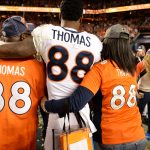 SANTA CLARA, CA - FEBRUARY 07: Demaryius Thomas (88) of the Denver Broncos leaves the field with his mom, Katina Smith, and dad, Bobby Thomas, after the game. The Denver Broncos played the Carolina Panthers in Super Bowl 50 at Levi's Stadium in Santa Clara, Calif. on February 7, 2016. (Photo by AAron Ontiveroz/The Denver Post via Getty Images)