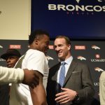 ENGLEWOOD, CO - MARCH 07: Denver Broncos quarterback Peyton Manning hugs Demaryius Thomas after a press conference to announce his retirement March 7, 2016 at UCHealth Training Center in Englewood, CO. (Photo By Joe Amon/The Denver Post via Getty Images)