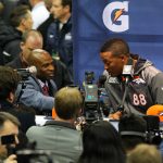 28 JAN 2014: Denver Broncos wide receiver Demaryius Thomas (88) being interviewed by former NFL Star Deion Sanders during the Denver Broncos Super Bowl XLVIII Media Day. Media Day took place at the Prudential Center in Newark,NJ (Photo by Rich Graessle/Icon SMI/Corbis via Getty Images)
