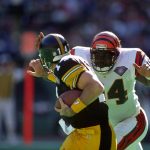 PITTSBURGH - OCTOBER 16: Defensive lineman Alfred Williams #94 of the Cincinnati Bengals pressures quarterback Neil O'Donnell #14 of the Pittsburgh Steelers at Three Rivers Stadium on October 16, 1994 in Pittsburgh, Pennsylvania.  (Photo by George Gojkovich/Getty Images)
