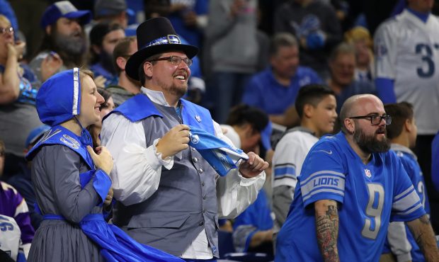Detroit Lions fans dress for Thanksgiving at Ford Field on November 23, 2017 in Detroit, Michigan. ...