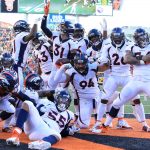 Justin Simmons #31 of the Denver Broncos celebrates with his teammates after intercepting a pass during the third quarter of the game against the Cincinnati Bengals at Paul Brown Stadium on December 2, 2018 in Cincinnati, Ohio. (Photo by Andy Lyons/Getty Images)