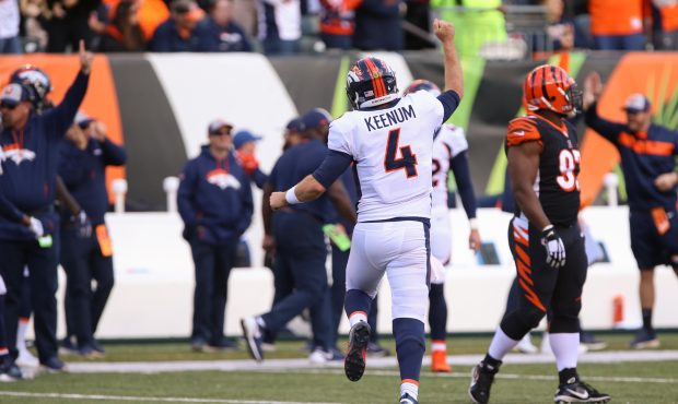 Denver Broncos quarterback Case Keenum (4) reacts after a touchdown during the game against the Den...