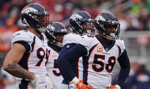 Von Miller #58 of the Denver Broncos stands with the defense during their NFL game against the San ...