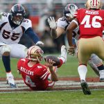 Quarterback Nick Mullens #4 of the San Francisco 49ers throws the ball before being ruled down by contact against the Denver Broncos at Levi's Stadium on December 9, 2018 in Santa Clara, California. (Photo by Lachlan Cunningham/Getty Images)