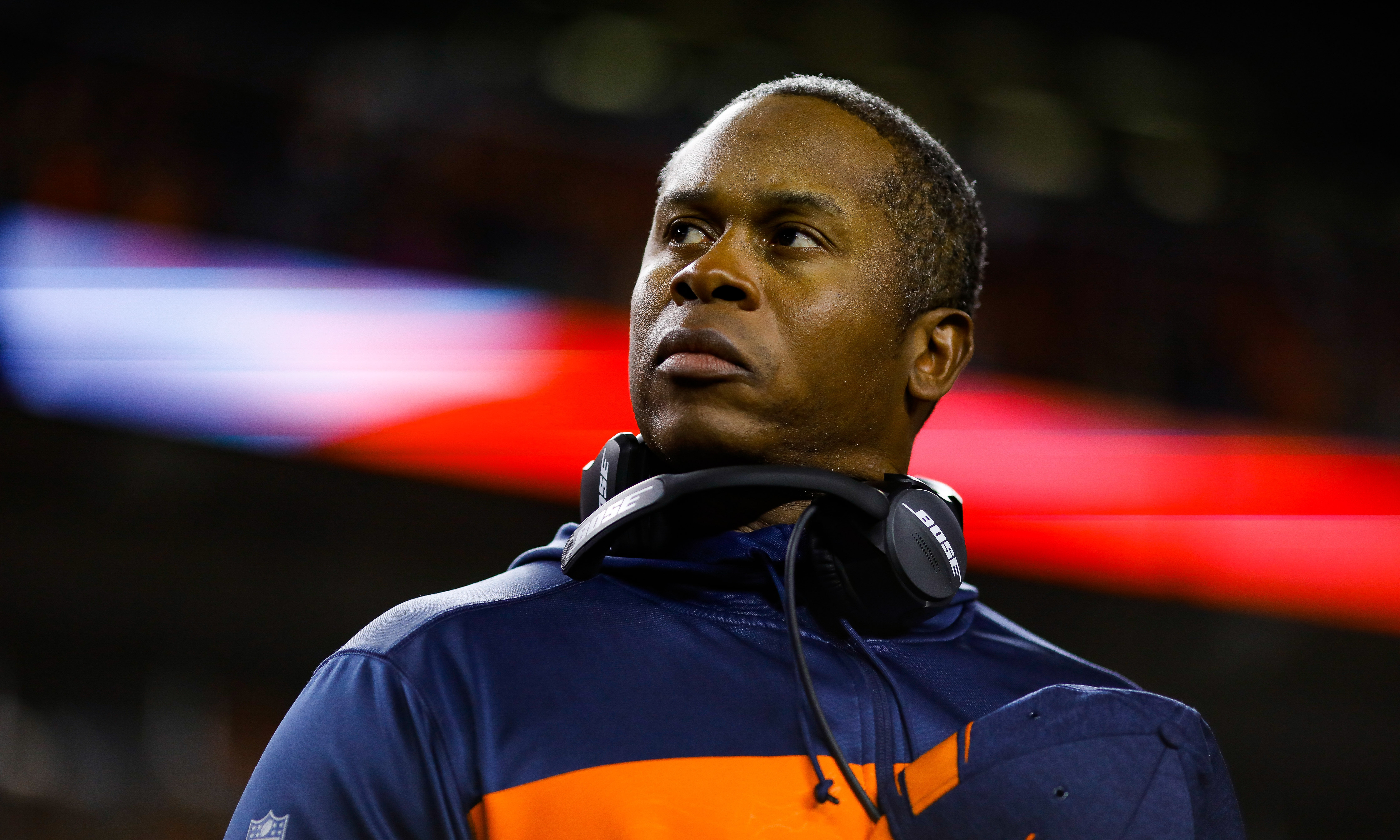 Head coach Vance Joseph of the Denver Broncos stands not he field during the national anthem before...