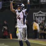 Courtland Sutton #14 of the Denver Broncos celebrates after catching a touchdown pass against the Oakland Raiders during the second half of their NFL football game at Oakland-Alameda County Coliseum on December 24, 2018 in Oakland, California.  (Photo by Thearon W. Henderson/Getty Images)