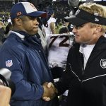 Denver Broncos head coach Vance Joseph, left, and Oakland Raiders head coach Jon Gruden shake hands after the game at the Oakland Alameda Coliseum December 24, 2018. Broncos lost 27-14. (Photo by Andy Cross/The Denver Post via Getty Images)
