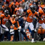 Cornerback Isaac Yiadom #41 of the Denver Broncos celebrates after a first quarter interception against the Los Angeles Chargers at Broncos Stadium at Mile High on December 30, 2018 in Denver, Colorado. (Photo by Dustin Bradford/Getty Images)