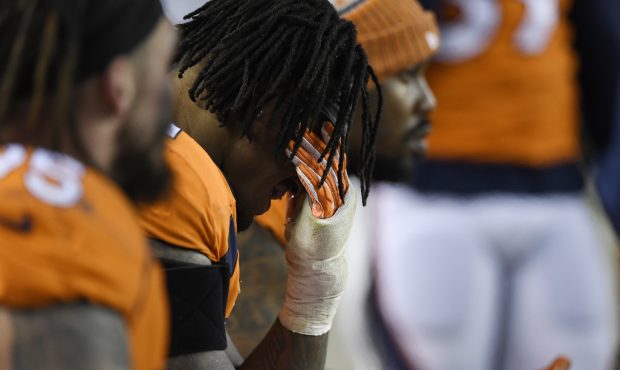 Todd Davis (51) of the Denver Broncos reacts to losing during the fourth quarter against the Los An...