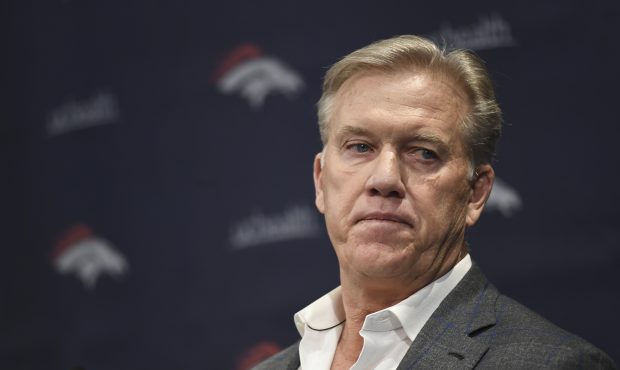 President of Football Operations and General Manager John Elway, of the Denver Broncos, speaks to m...