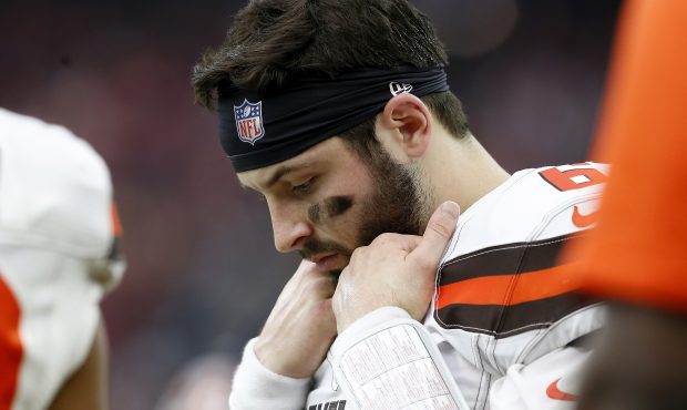 Baker Mayfield #6 of the Cleveland Browns reacts on the sideline in the second half against the Hou...
