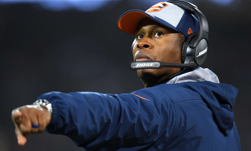 Head coach Vance Joseph of the Denver Broncos looks on from the sidelines against the Oakland Raide...