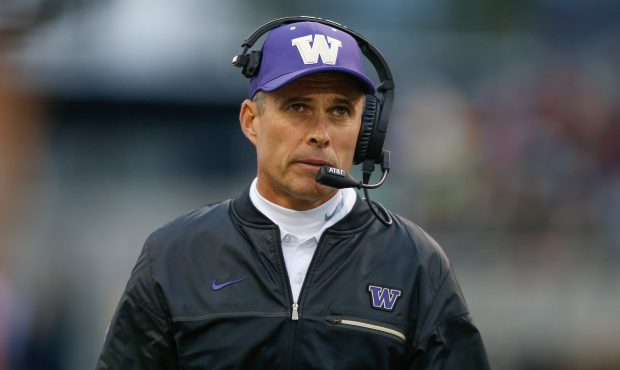 Head coach Chris Petersen of the Washington Huskies looks on during the game against the Portland S...