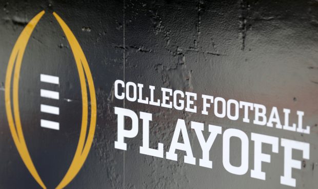 The College Football Playoff logo is seen before the 2017 College Football Playoff National Champio...