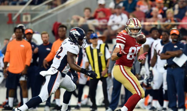 San Francisco 49ers tight end George Kittle (85) catches a pass against Denver Broncos linebacker C...