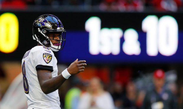 ATLANTA, GA - DECEMBER 02:  Lamar Jackson #8 of the Baltimore Ravens runs the offense against the A...