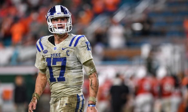 Daniel Jones #17 of the Duke Blue Devils heads to the sidelines in the second half against the Miam...