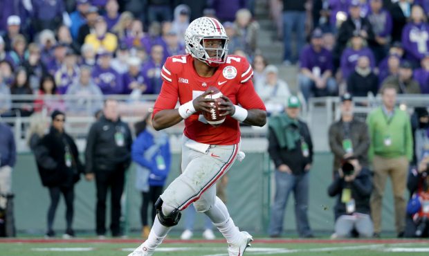Dwayne Haskins #7 of the Ohio State Buckeyes looks to pass during the second half in the Rose Bowl ...