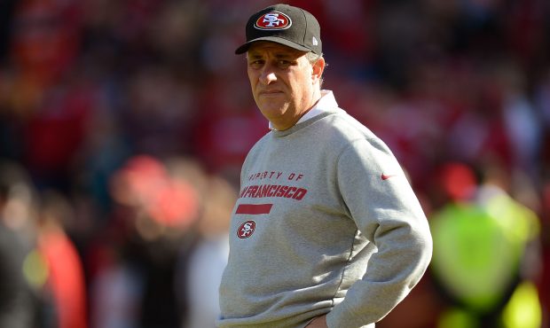Defensive coordinator Vic Fangio of the San Francisco 49ers looks on during pre-game warm ups befor...