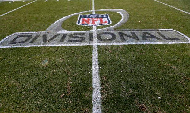 A general view of the NFL Divisional playoff logo on the field during the NFC Divisional Playoff Ga...