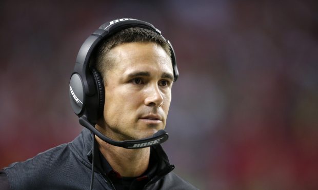 Atlanta Falcons offensive coordinator Matt LaFleur watches on in the second half of the NFC Divisio...