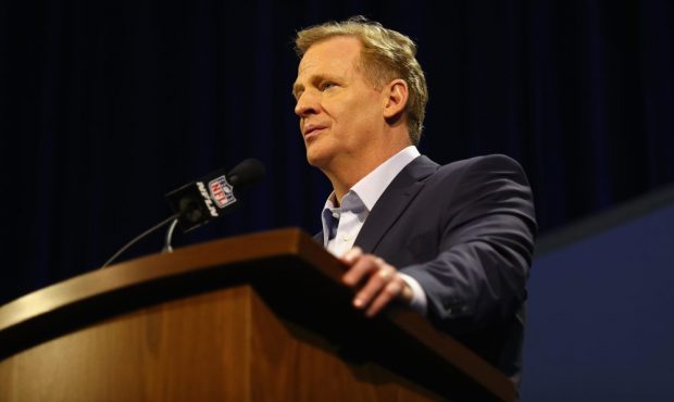 NFL Commissioner Roger Goodell speaks with the media during a press conference for Super Bowl 51 at...