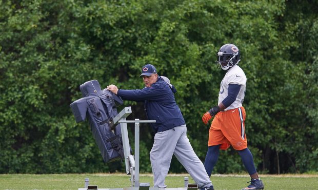 Chicago Bears Defensive Coordinator Vic Fangio coaches during the Bears team OTA workouts on May 23...