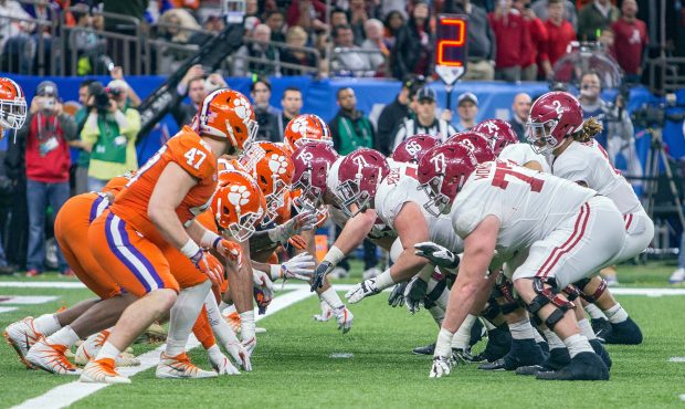 The Clemson Tigers defense lines up for a play during the Allstate Sugar Bowl between the Alabama C...