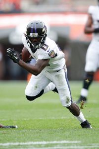 John Brown #13 of the Baltimore Ravens runs the ball in the first half against the Cleveland Browns at FirstEnergy Stadium on October 7, 2018 in Cleveland, Ohio. (Photo by Joe Robbins/Getty Images)