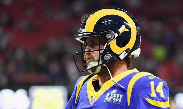 Sean Mannion #14 of the Los Angeles Rams looks on prior the Super Bowl LIII against the New England...
