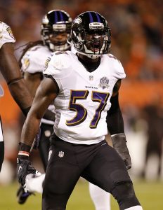 C.J. Mosley #57 of the Baltimore Ravens reacts after making a tackle during the first quarter against the Cleveland Browns at FirstEnergy Stadium on November 30, 2015 in Cleveland, Ohio. (Photo by Gregory Shamus/Getty Images)