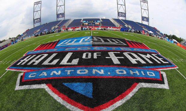 A General view of the Hall of Fame Logo at midfield prior to the National Football League Hall of F...