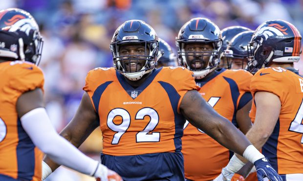 Zach Kerr #92 of the Denver Broncos warming up before a game against the Minnesota Vikings during w...