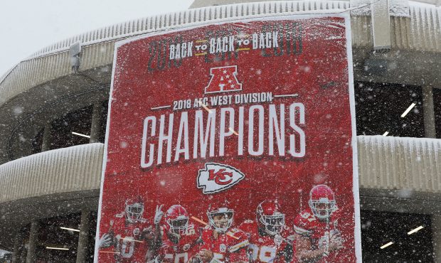 A view of a Chiefs Back to Back to Back AFC West Champions banner before an AFC Divisional Round pl...
