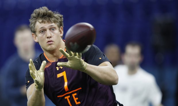 Tight end T.J. Hockenson of Iowa works out during day three of the NFL Combine at Lucas Oil Stadium...