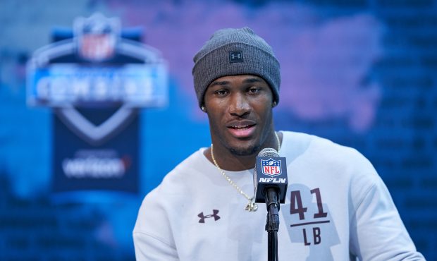 LSU linebacker Devin White answers questions from the media during the NFL Scouting Combine on Marc...