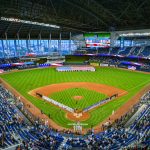 MIAMI, FL - MARCH 28: A general view of Marlins Park during the National Anthem before the game between the Miami Marlins and the Colorado Rockies during Opening Day at Marlins Park on March 28, 2019 in Miami, Florida. (Photo by Mark Brown/Getty Images)