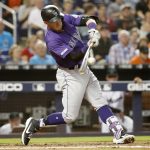 MIAMI, FL - MARCH 28: Trevor Story #27 of the Colorado Rockies bats during a game between the Colorado Rockies and the Miami Marlins at Marlins Park on Thursday, March 28, 2019 in Miami, Florida. (Photo by Rhona Wise/MLB Photos via Getty Images)