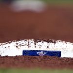 MIAMI, FL - MARCH 28: A detail shot of the Opening Day base mound during a game between the Colorado Rockies and the Miami Marlins at Marlins Park on Thursday, March 28, 2019 in Miami, Florida. (Photo by Rhona Wise/MLB Photos via Getty Images)