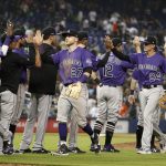 MIAMI, FL - MARCH 28: Members of the Colorado Rockies celebrate their 6-3 victory over the Miami Marlins at Marlins Park on Thursday, March 28, 2019 in Miami, Florida. (Photo by Rhona Wise/MLB Photos via Getty Images)