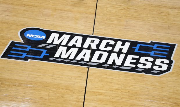 A general view of a 'March Madness' logo is seen during practice before the First Round of the NCAA...