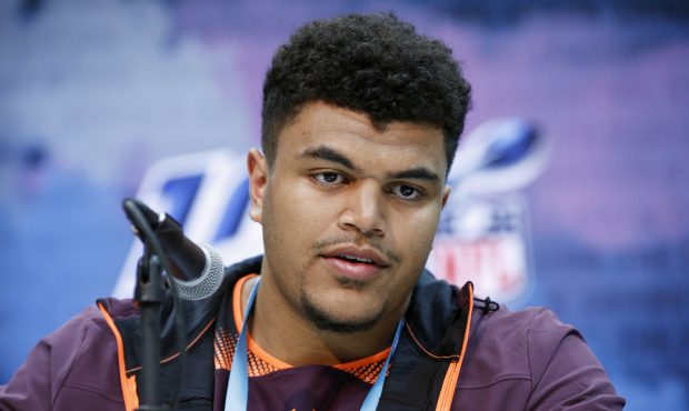 Offensive lineman Andre Dillard of Washington State speaks to the media during day one of interview...