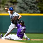 Corey Seager #5 of the Los Angeles Dodgers sets to throw to first base after forcing out Charlie Blackmon #19 of the Colorado Rockies in the first inning during the home opener at Coors Field on April 5, 2019 in Denver, Colorado. (Photo by Dustin Bradford/Getty Images)